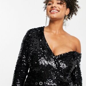 Lavish Alice Plus velvet sequin asymmetric mini dress in black